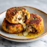 crispy turkey and black bean protein croquettes cut open showing melted cheese filling on rustic plate