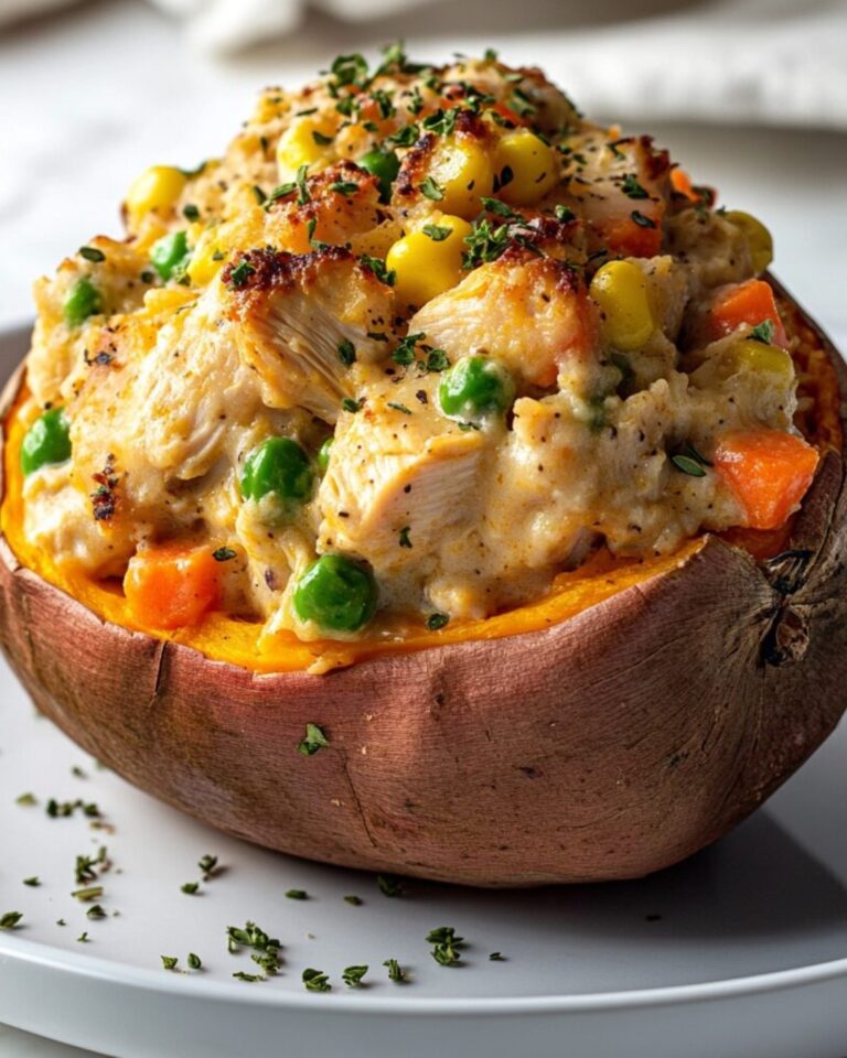 Chicken Pot Pie Stuffed Sweet Potatoes — cozy comfort food made healthy