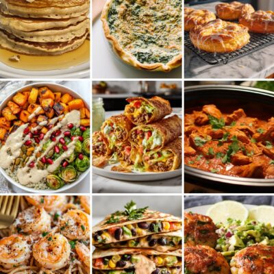 7-day calorie deficit meal plan GLP-1 friendly week of October 12 collage of pancakes, quiche, pumpkin danishes, harvest bowl, egg rolls, tikka masala, shrimp scampi, street corn quesadillas and salmon cakes