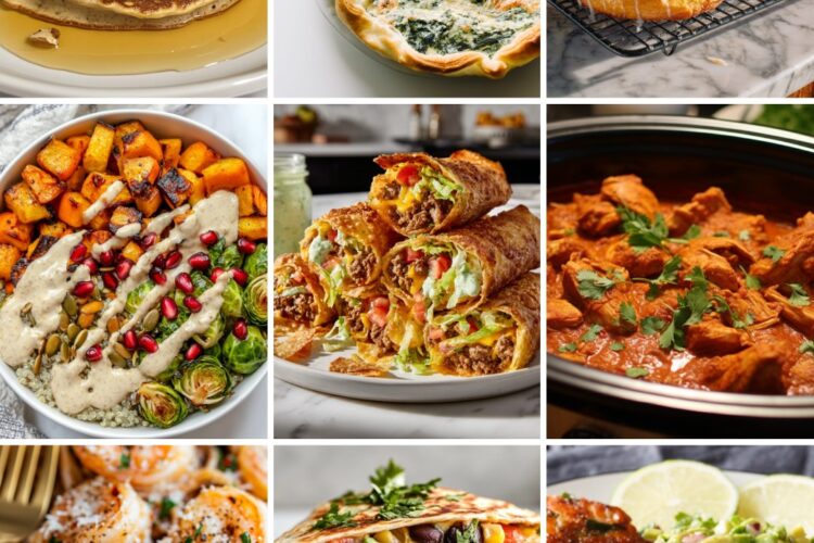 7-day calorie deficit meal plan GLP-1 friendly week of October 12 collage of pancakes, quiche, pumpkin danishes, harvest bowl, egg rolls, tikka masala, shrimp scampi, street corn quesadillas and salmon cakes