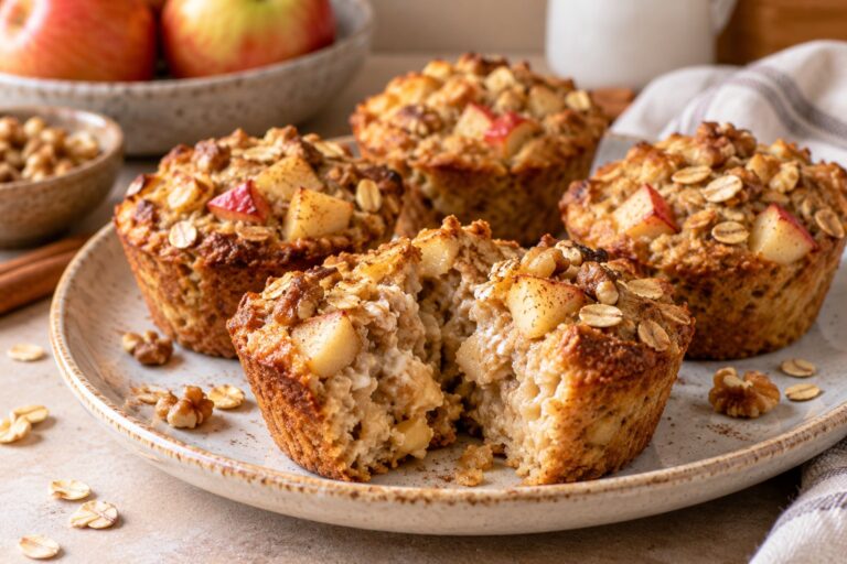 Apple cinnamon baked oatmeal cups with diced apple and walnuts on a plate, one cup broken open