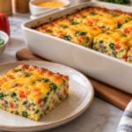 Square slice of cottage cheese egg bake with turkey, spinach and red pepper on a plate beside the full baking dish