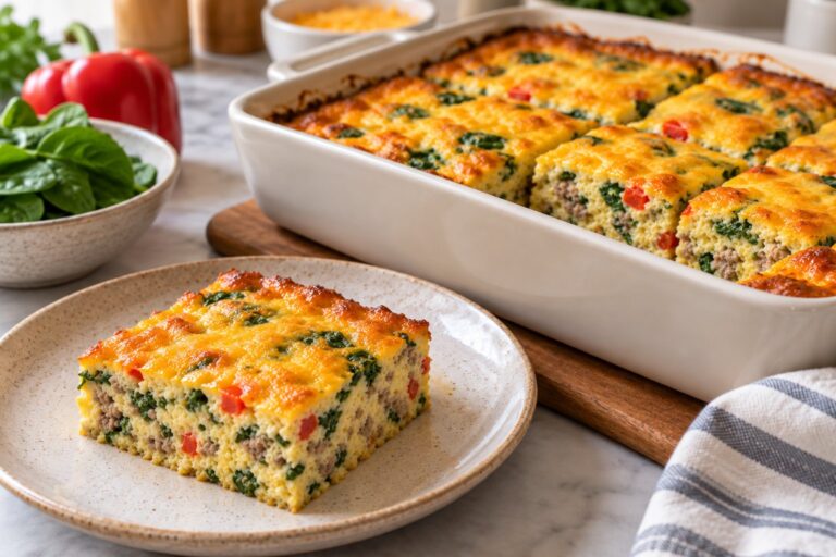 Square slice of cottage cheese egg bake with turkey, spinach and red pepper on a plate beside the full baking dish