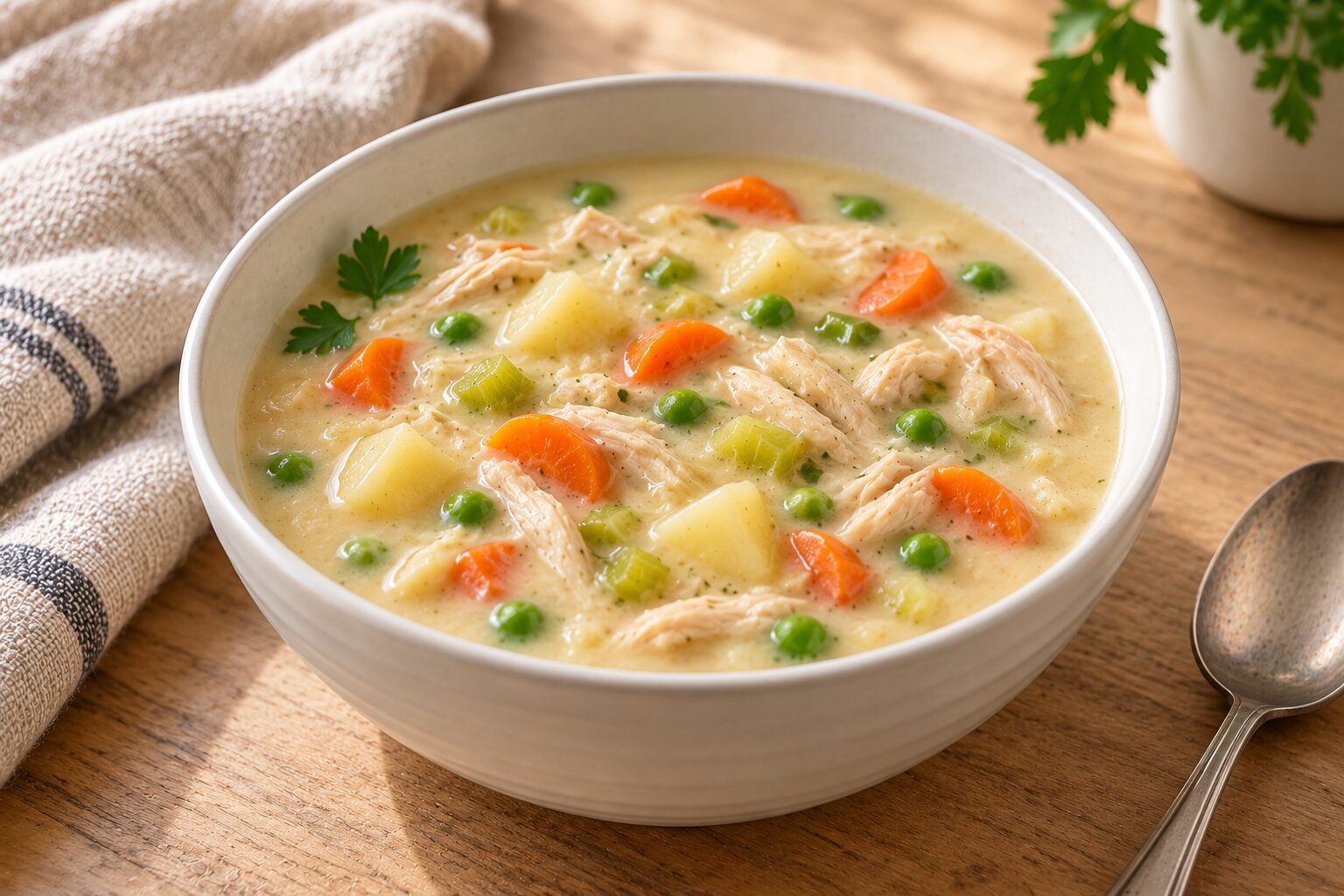 Creamy chicken pot pie soup with shredded chicken, potatoes, carrots, celery and peas in a white bowl on a wooden table.