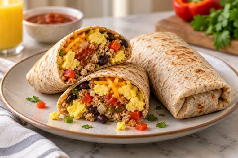 High protein breakfast burrito cut in half showing scrambled eggs, ground turkey, black beans, cheese and salsa
