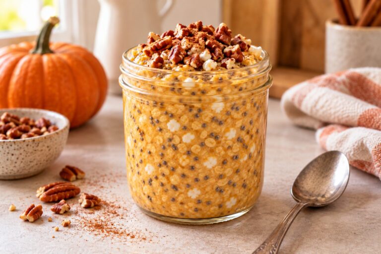 Jar of pumpkin pie cottage cheese overnight oats with chia seeds, topped with chopped pecans and cinnamon, with a pumpkin and a bowl of pecans beside it