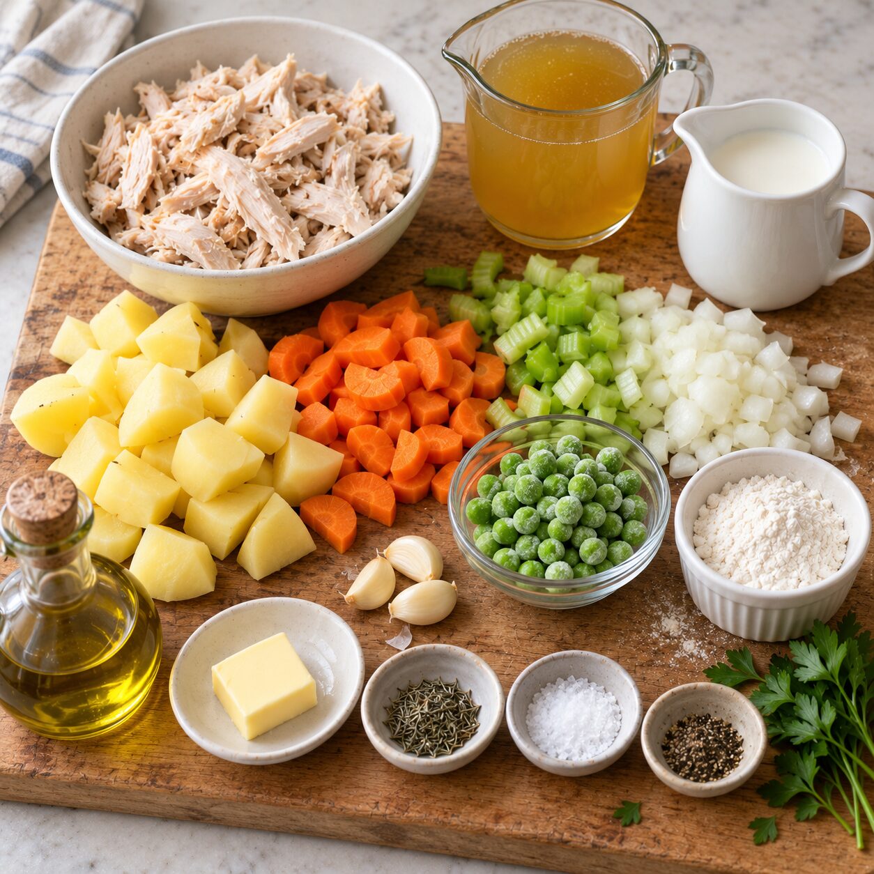 Chicken pot pie soup ingredients arranged on a wooden cutting board.