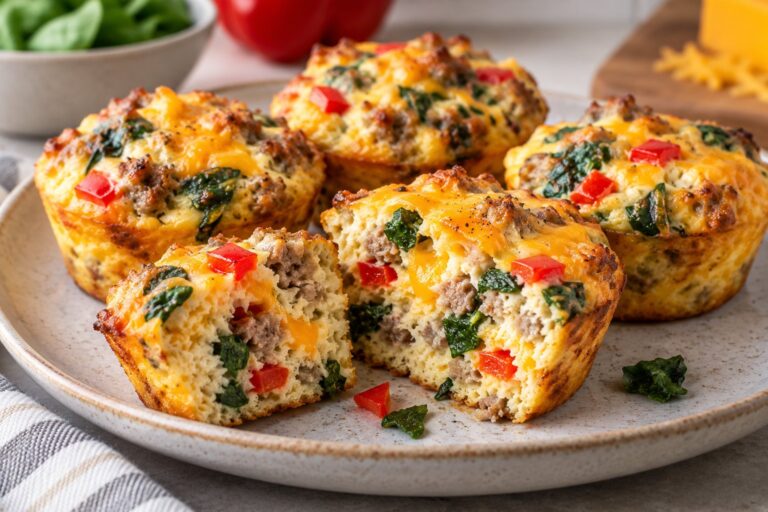Plate of turkey sausage egg muffin cups with spinach, red bell pepper and melted cheddar, one cup broken open
